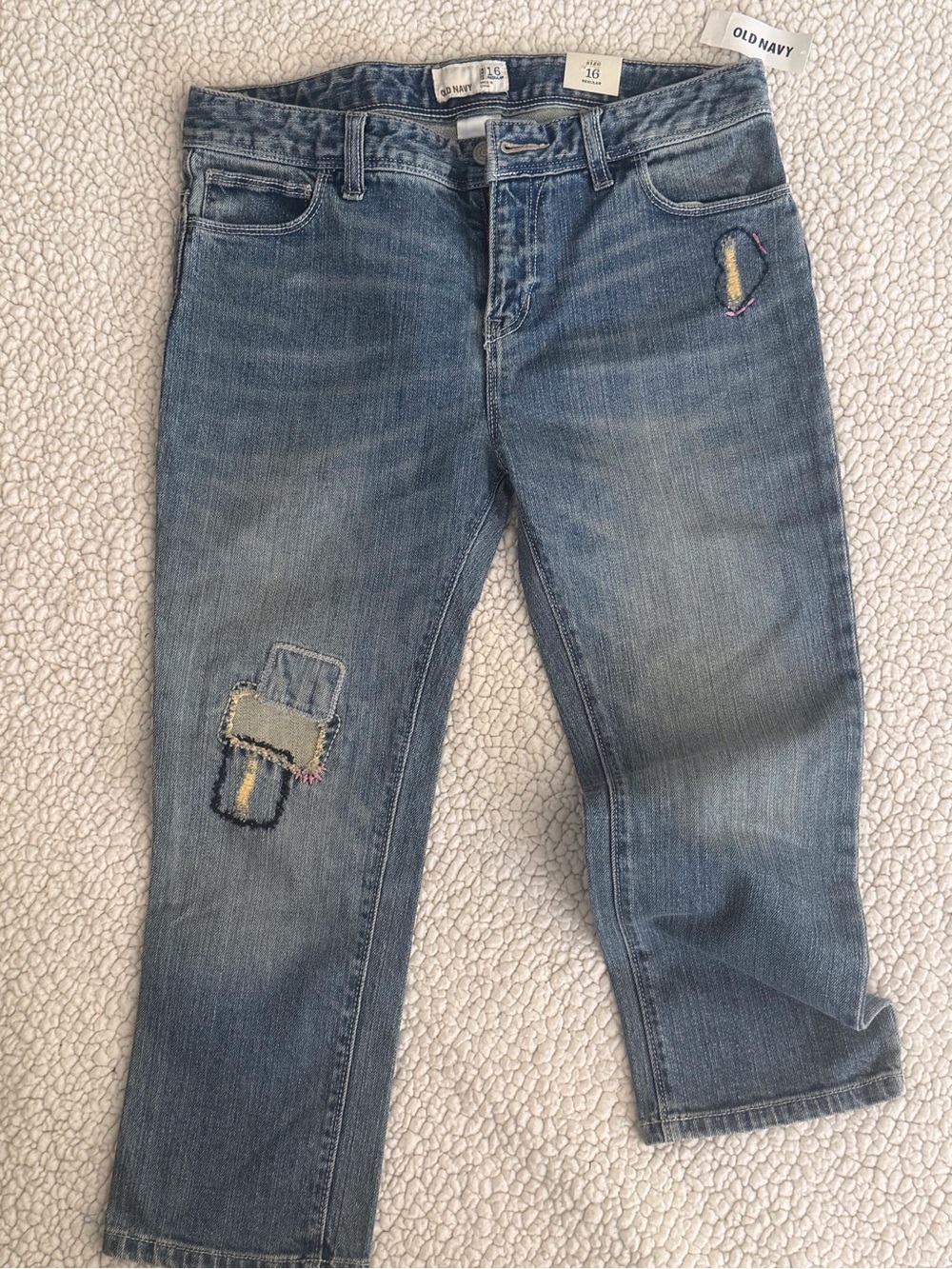 Old Navy Kids Medium Wash Capri Jeans with Colorful Patch Details